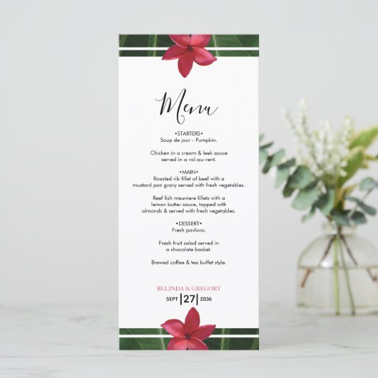 Red Frangipani Plumeria Wedding Menu (Staand voorkant)