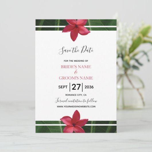 Red Frangipani Plumeria Wedding Save the Date (Staand voorkant)
