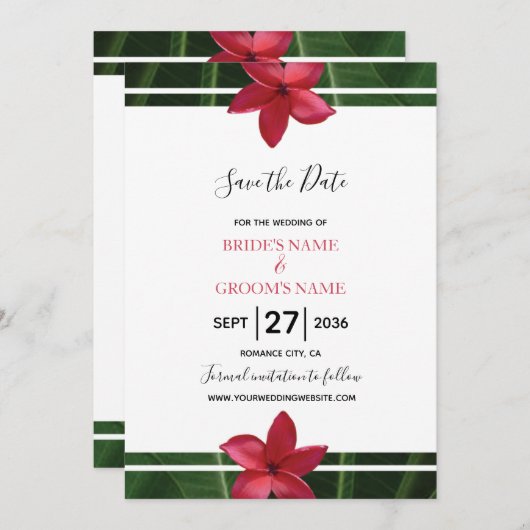 Red Frangipani Plumeria Wedding Save the Date (Voorkant / Achterkant)
