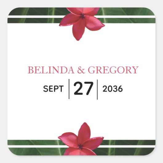 Red Frangipani Plumeria Wedding Vierkante Sticker (Voorkant)