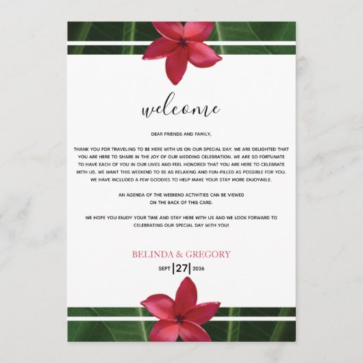 Red Frangipani Plumeria Wedding Welkomstreisroute Programmakaart (Voorkant)