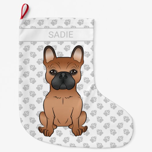 Red French Bulldog / Frenchie Cartoon Dog & Name Grote Kerstsok (Voorkant)
