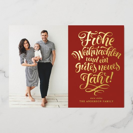 Red Frohe Weihnachten Calligrafie Foto Folie Feestdagenkaart (Voorkant)