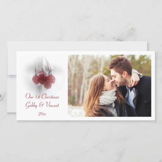 Red Frosty Berries eerste kerstmis samen Feestdagenkaart (Voorkant)