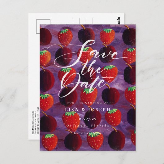 Red Fruit Country Script Sla de datum op Briefkaart (Voorkant / Achterkant)