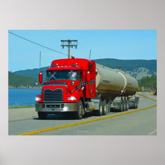 Red Fuel Tanker Truck & Lake Driving Art Print (Voorkant)