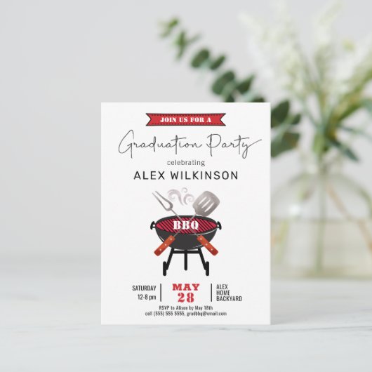 Red Fun Script Eenvoudig Afstuderen BBQ Uitnodigin Briefkaart (Staand voorkant)