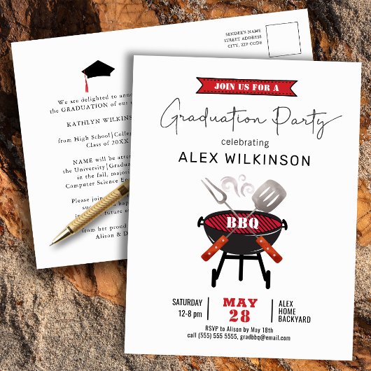Red Fun Script Eenvoudig Afstuderen BBQ Uitnodigin Briefkaart