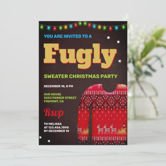 Red Funny Fllly Ugly Sweater Kerstparty Kaart (Staand voorkant)