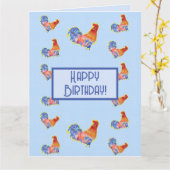 Red Funny Rooster Cochmak Blue Birthday Card Kaart (Gele Bloem)
