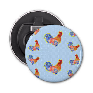 Red Funny Rooster Cocrek Blue and White Spots Button Flesopener