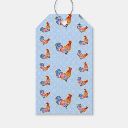 Red Funny Rooster Cocrek Blue and White Spots Cadeaulabel (Voorkant)