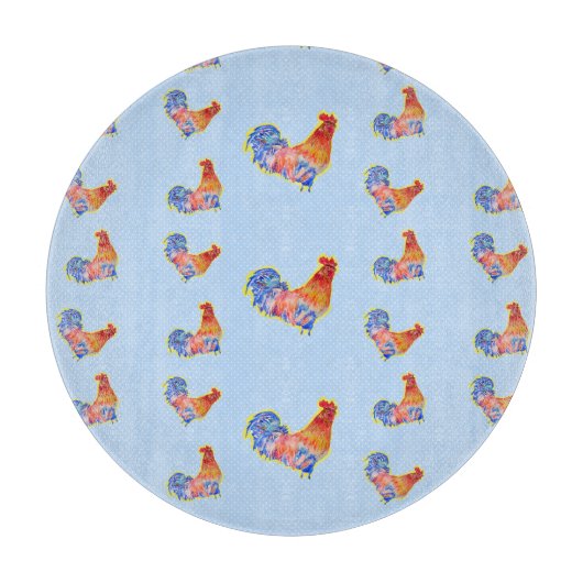 Red Funny Rooster Cocrek Blue and White Spots Cu Snijplank (Voorkant)