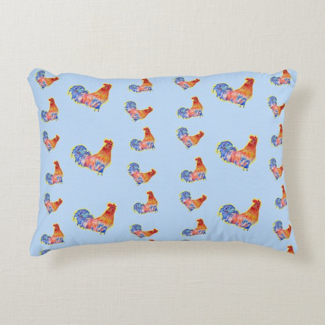 Red Funny Rooster Cocrek Blue and White Spots Fl Accent Kussen (Voorkant)