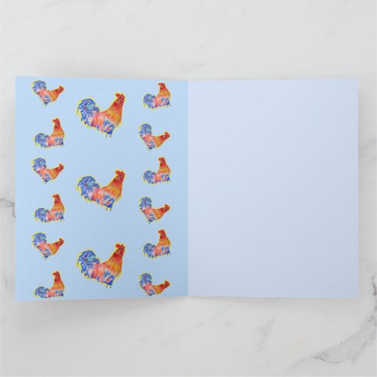 Red Funny Rooster Cocrek Blue and White Spots Kaart (Binnen)