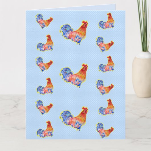 Red Funny Rooster Cocrek Blue and White Spots Kaart (Voorkant)