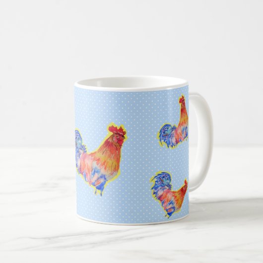 Red Funny Rooster Cocrek Blue and White Spots Koffiemok (Voorkant rechts)
