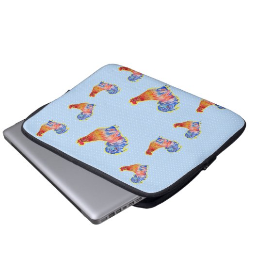 Red Funny Rooster Cocrek Blue and White Spots Laptop Sleeve (Voorkant onderkant)