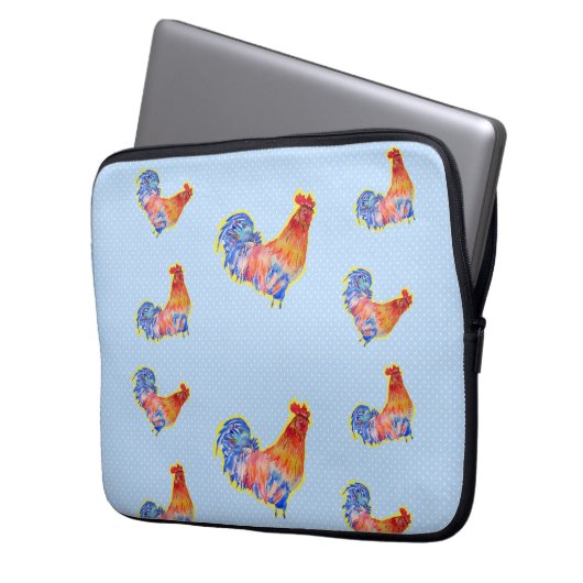 Red Funny Rooster Cocrek Blue and White Spots Laptop Sleeve (Voorkant Links)