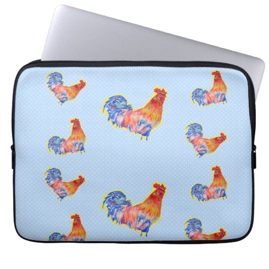 Red Funny Rooster Cocrek Blue and White Spots Laptop Sleeve (Voorkant)