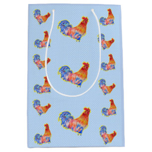 Red Funny Rooster Cocrek Blue and White Spots Medium Cadeauzakje