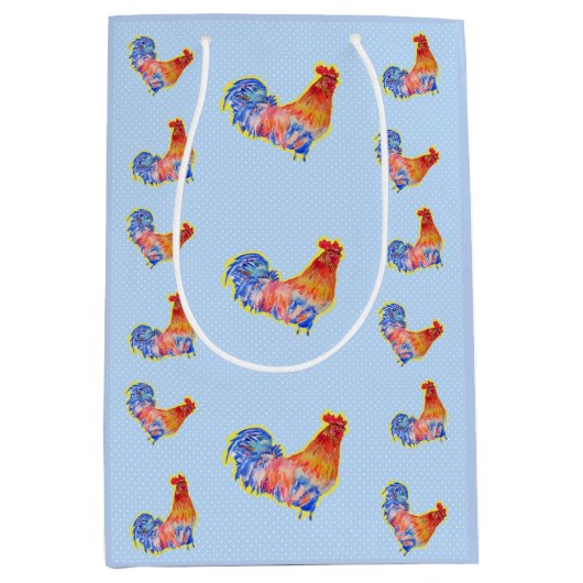 Red Funny Rooster Cocrek Blue and White Spots Medium Cadeauzakje (Voorkant)