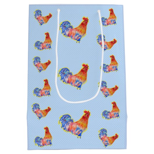Red Funny Rooster Cocrek Blue and White Spots Medium Cadeauzakje (Achterkant)