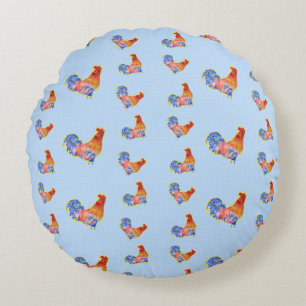 Red Funny Rooster Cocrek Blue and White Spots Rond Kussen