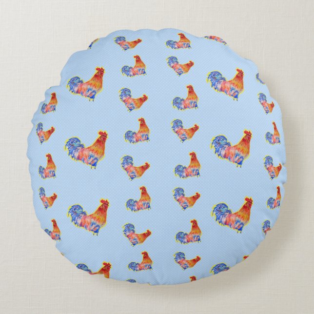 Red Funny Rooster Cocrek Blue and White Spots Rond Kussen (Voorkant)