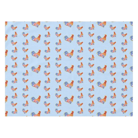 Red Funny Rooster Cocrek Blue and White Spots Tafelkleed (Voorkant (Horizontaal))