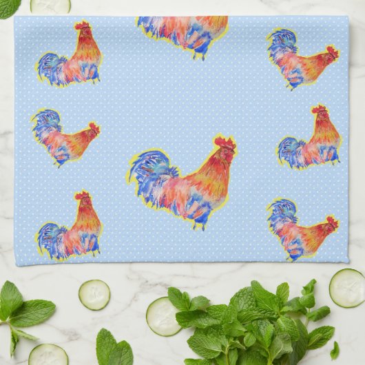 Red Funny Rooster Cocrek Blue and White Spots Theedoek (Gevouwen)