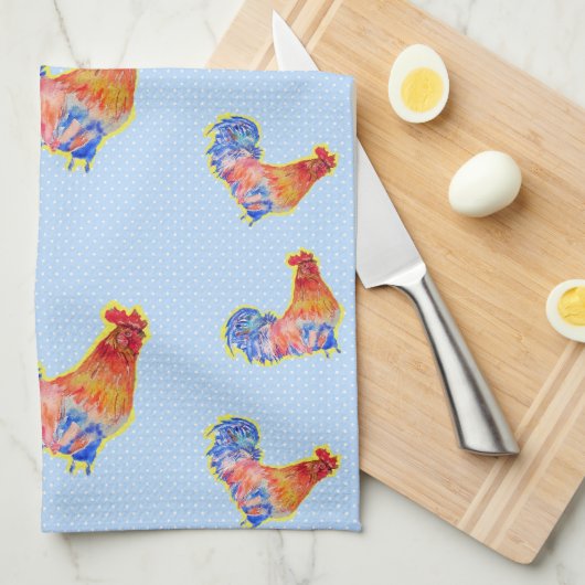 Red Funny Rooster Cocrek Blue and White Spots Theedoek (Quarter Fold)