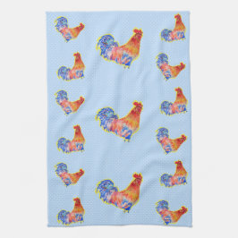 Red Funny Rooster Cocrek Blue and White Spots Theedoek
