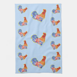 Red Funny Rooster Cocrek Blue and White Spots Theedoek