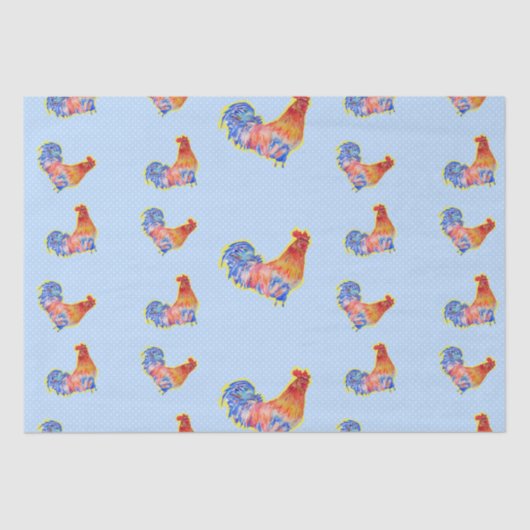 Red Funny Rooster Cocrek Blue and White Spots Tissuepapier (Voorkant)
