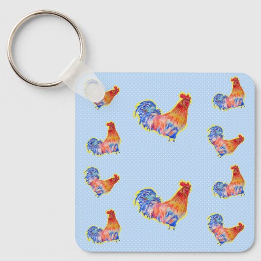 Red Funny Rooster Cocrek Blue and White Spots Tr Sleutelhanger (Voorkant)