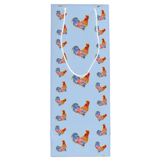 Red Funny Rooster Cocrek Blue and White Spots Wijn Cadeautas (Achterkant)
