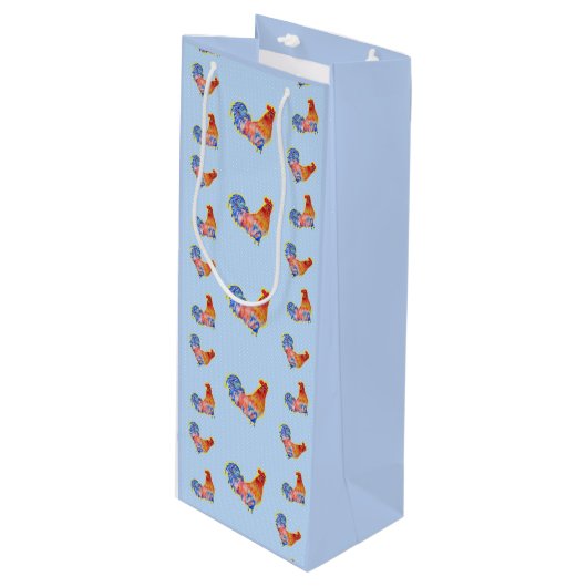 Red Funny Rooster Cocrek Blue and White Spots Wijn Cadeautas (Voorkant Gekanteld)