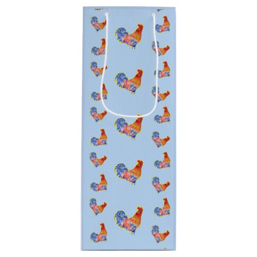 Red Funny Rooster Cocrek Blue and White Spots Wijn Cadeautas (Voorkant)