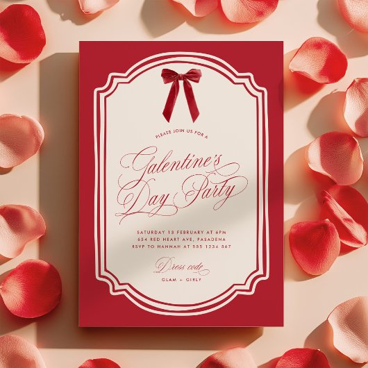Red Galentine's Day Party Invitation with Bow Kaart