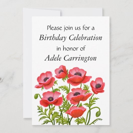 Red Garden Poppies Birthday Party Invitation Kaart (Voorkant)