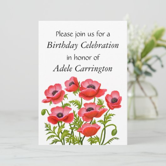 Red Garden Poppies Birthday Party Invitation Kaart (Staand voorkant)
