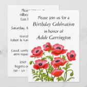 Red Garden Poppies Birthday Party Invitation Kaart (Voorkant / Achterkant)