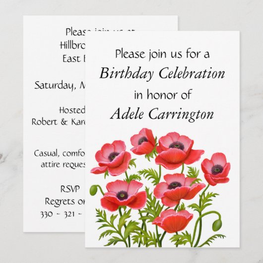 Red Garden Poppies Birthday Party Invitation Kaart (Voorkant / Achterkant)