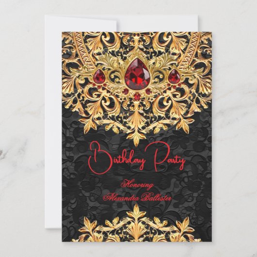 Red Gems Gold Black Lace Damask Birthday Party Kaart (Voorkant)