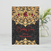 Red Gems Gold Black Lace Damask Birthday Party Kaart (Staand voorkant)