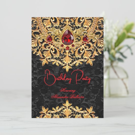 Red Gems Gold Black Lace Damask Birthday Party Kaart (Staand voorkant)