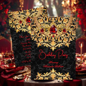 Red Gems Gold Black Lace Damask Birthday Party Kaart