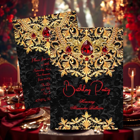 Red Gems Gold Black Lace Damask Birthday Party Kaart