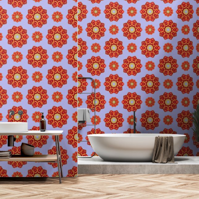 Red Geo Peony op Blauw Behang (Badkamer)